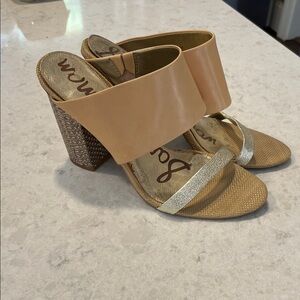 Sam Edelman Yoselin Tan and Gold Block Heel Slide Heels Sandals 9.5 M